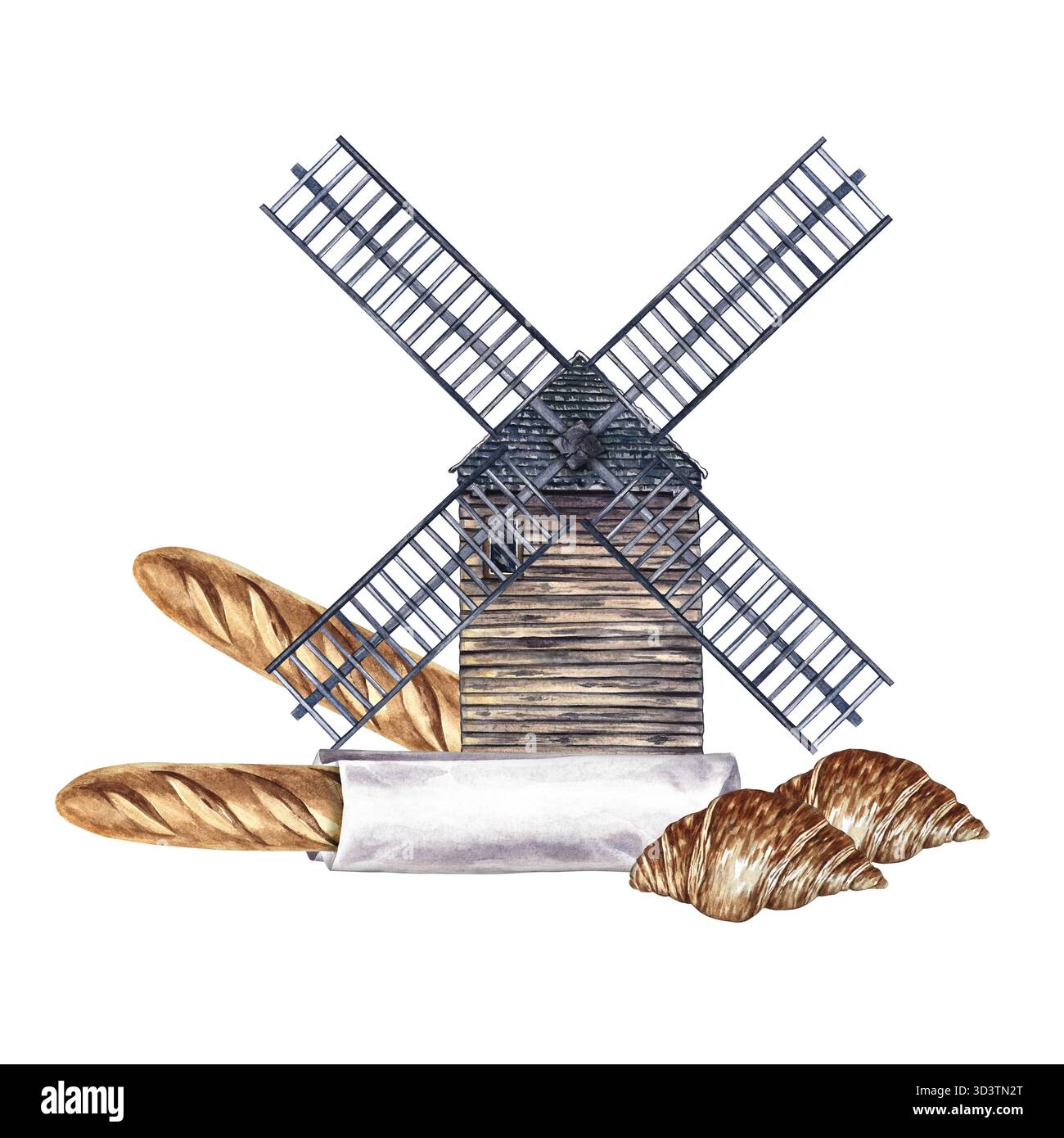 Baguette française et croissant sur le fond d'un mill. Illustration d'aquarelle dessinée à la main. Image couleur. Éléments de la cuisine française Banque D'Images