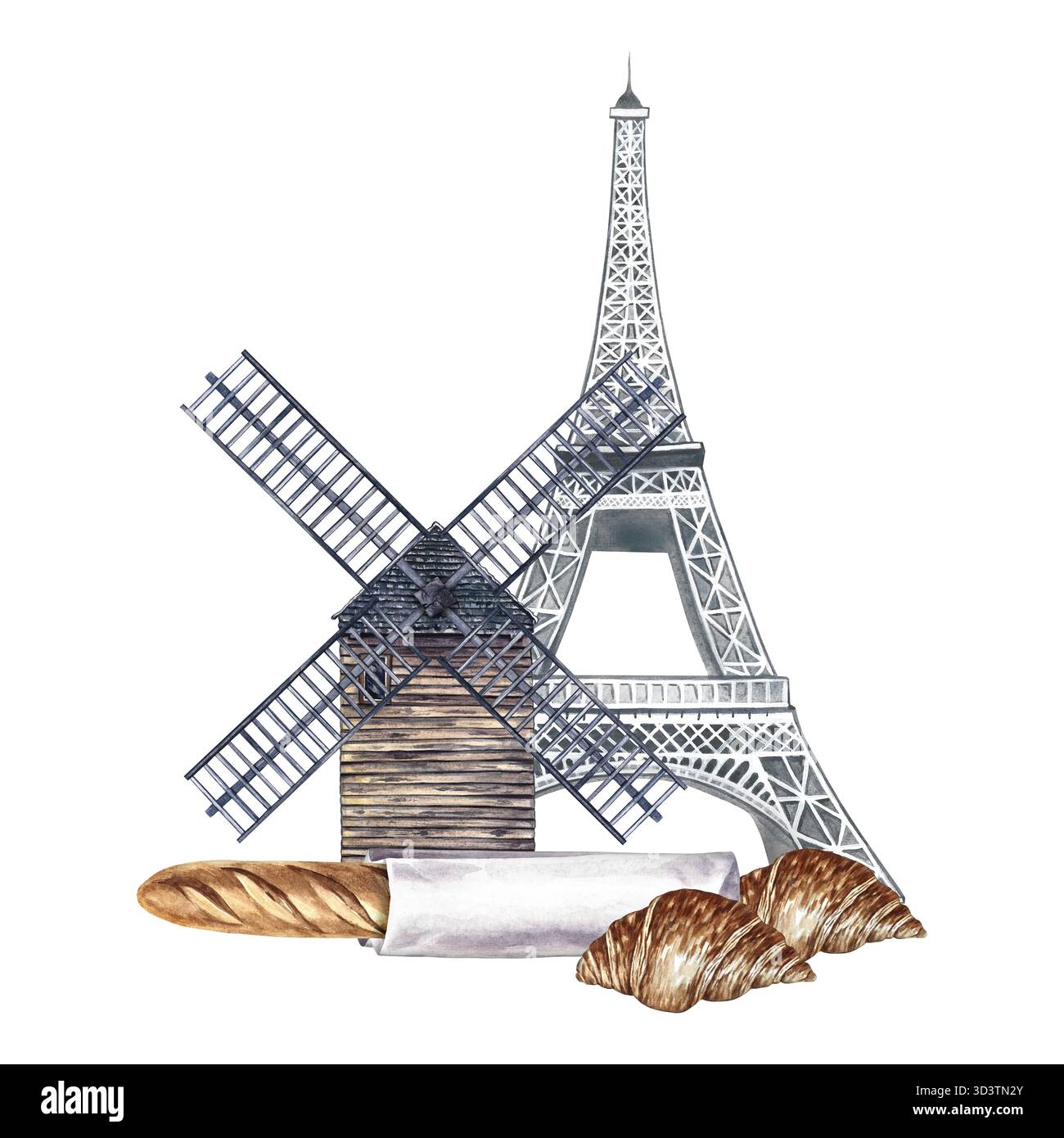 Un ensemble de pâtisseries françaises. Baguette française et croissant, Tour Eiffel, Moulin de la galette. Illustration aquarelle peinte à la main. Pour Banque D'Images