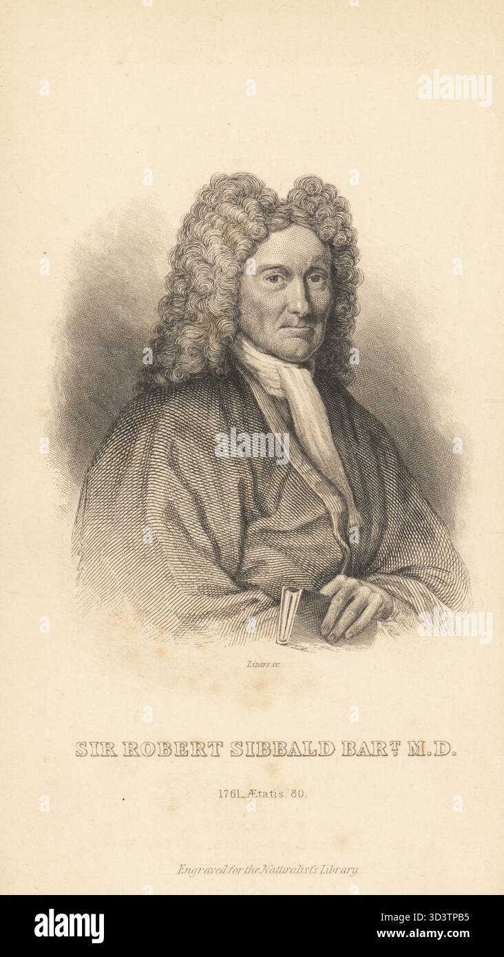 Portrait de Sir Robert Sibbald, médecin écossais, historien de la nature et antiquaire, 1641-1722. Gravure sur acier de William Lizars d'après un portrait de John Alexander dans Ornithology de Sir William Jardine, British Birds, Birds of Prey, Vol. XXIV de la Bibliothèque naturaliste, W.H. Lizars, Édimbourg, 1843. Banque D'Images