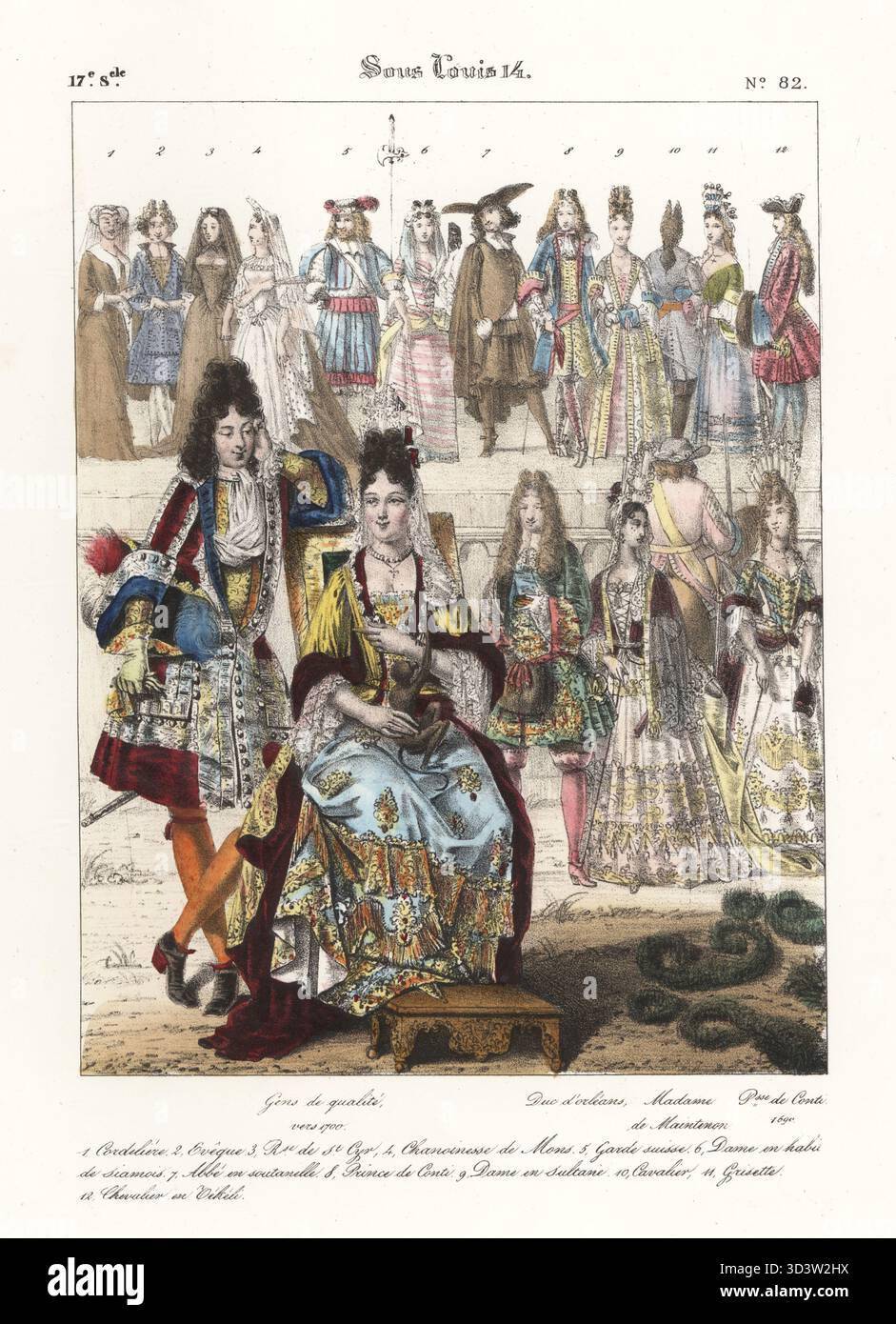 Les modes baroques, règne du Roi Soleil, XVIIIe siècle. Dans les modes baroques décorées avec de la dentelle, des volants, des rubans. Femme jouant avec un singe domestique. Gens de Qualite, Duc d'Orléans, Madame de Maintenon, Princesse de Conti. Sous Louis 14. Lithographie coloriée à la main par Godard d'après une illustration de Charles Auguste Herbé à partir de ses propres costumes Français, civils, militaires et religieux, costumes Français, civil, militaire et religieux, Maison Martinet, Paris, 1837. Banque D'Images