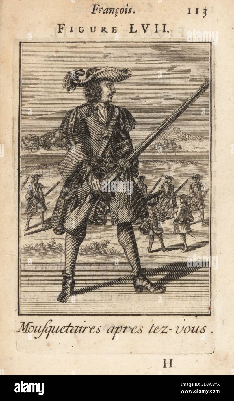Mousquetaires français après avoir présenté des bras. Soldat en tricorne, manteau militaire avec épaulettes, poche de poudre à canon, tuyau et chaussures en cuir, tenant le mousquet d'allumettes dans les deux mains. Mousquetaires apres tez-vous. Gravure sur cuivre par Pierre Giffart de L'Art militaire Francois pour l'infanterie, Pierre Giffart, Paris, 1696. Livre d'exercices militaires français du XVIIe siècle pour l'infanterie couvrant mousquet, brochet, épée et grenade. Banque D'Images