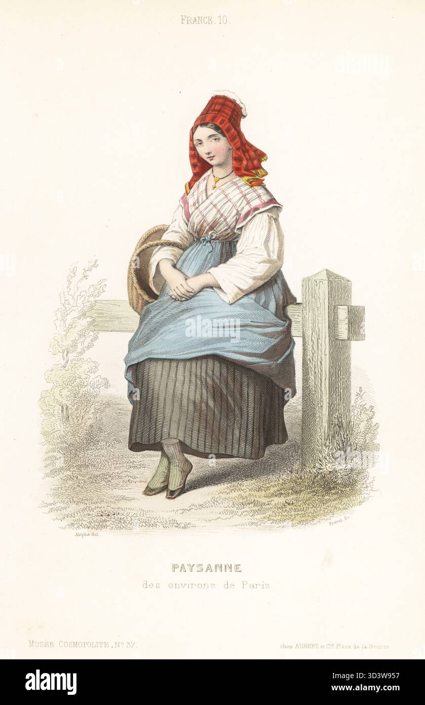 Paysanne de la région parisienne, XIXe siècle. En check bonnet, check fichu, jupes complètes, avec panier assis sur une clôture. Paysanne des environs de Paris. Gravure sur acier colorée à la main par Préval d'après une illustration de Marie-Alexandre Alophe du Musée Cosmopolite, Musée de costumes, Musée Cosmopolitan, éditée par l'ancienne maison Aubert, Paris, vers 1850. Banque D'Images