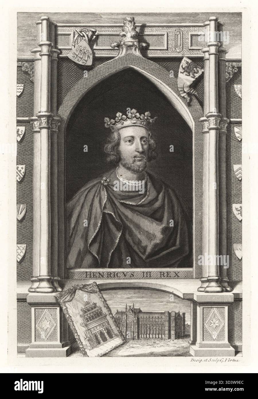 Henri III, Henri de Winchester, roi d'Angleterre, 1207-1272. Henricus III Rex. Portrait du roi en couronne et manteau sous une arche avec des armoiries et des fanions héraldiques. Vignette montrant sa reconstruction gothique de l'abbaye de Westminster. Gravure sur cuivre dessinée et gravée par George Vertue de ses têtes des rois d'Angleterre, propre à l'histoire de M. Rapin, traduite par N. Tindal, imprimée pour James, John et Paul Knapton, Londres, 1736. Banque D'Images