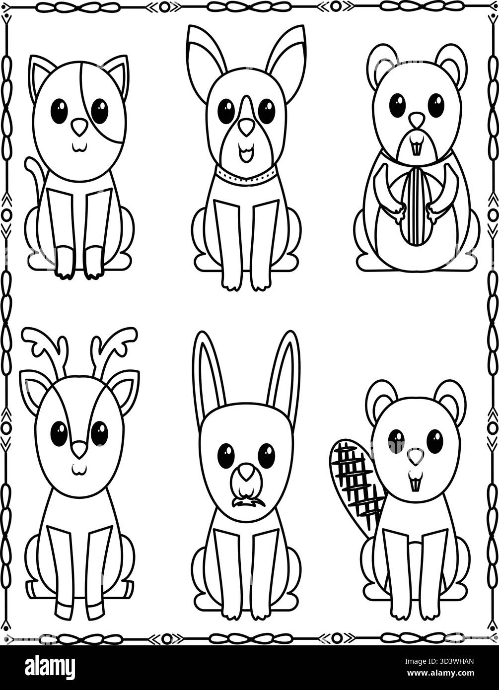 Caractères animaux mignons ligne Chat, chien, cerf, lapin, castor, et Bear Coloring page pour enfants et adultes. Illustration de Vecteur