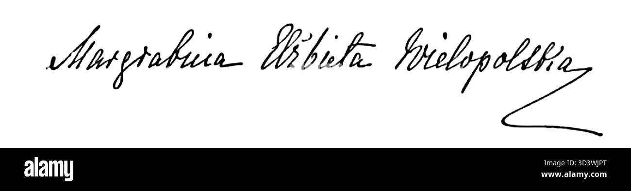 Ce graphique du livre 'PL' daté de 1901, montre l'autographe de Margrabina Elbieta Wielopolska, une figure historique importante de l'aristocratie polonaise. Banque D'Images