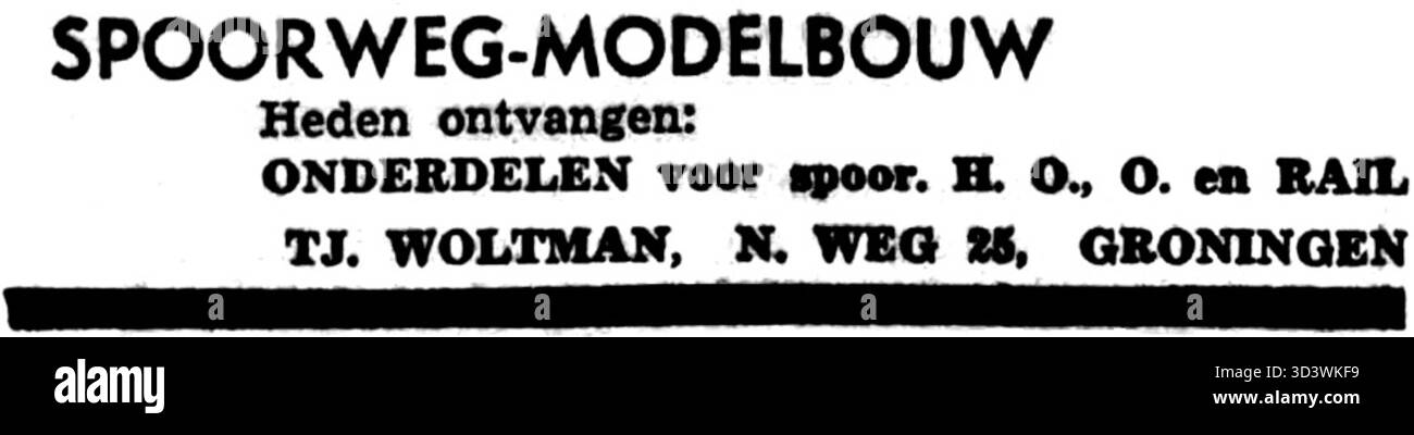 Cette publicité de 1950 du 'Nieuwsblad van het Noorden' présente une publicité de construction de maquettes ferroviaires. L'image montre la popularité des chemins de fer modélisés et la culture amateur de l'époque. Banque D'Images