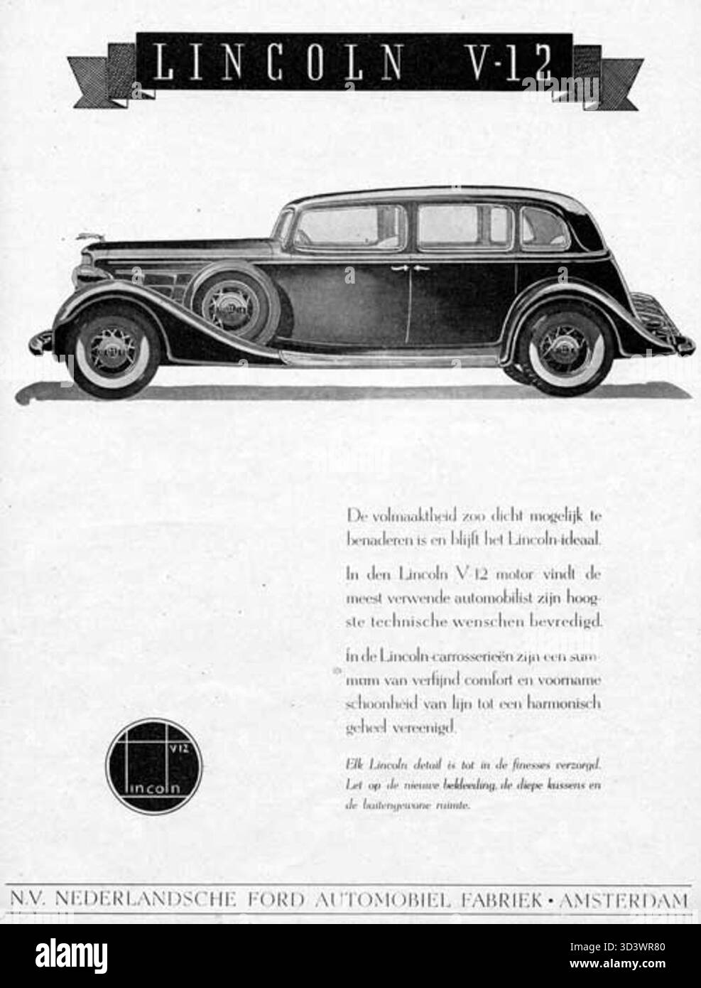 Cette photographie du 13 avril 1935 montre une automobile Lincoln, fabriquée aux États-Unis et importée par NED. Ford Automobielfabriek à Amsterdam, représentant le commerce automobile du début du XXe siècle. Banque D'Images