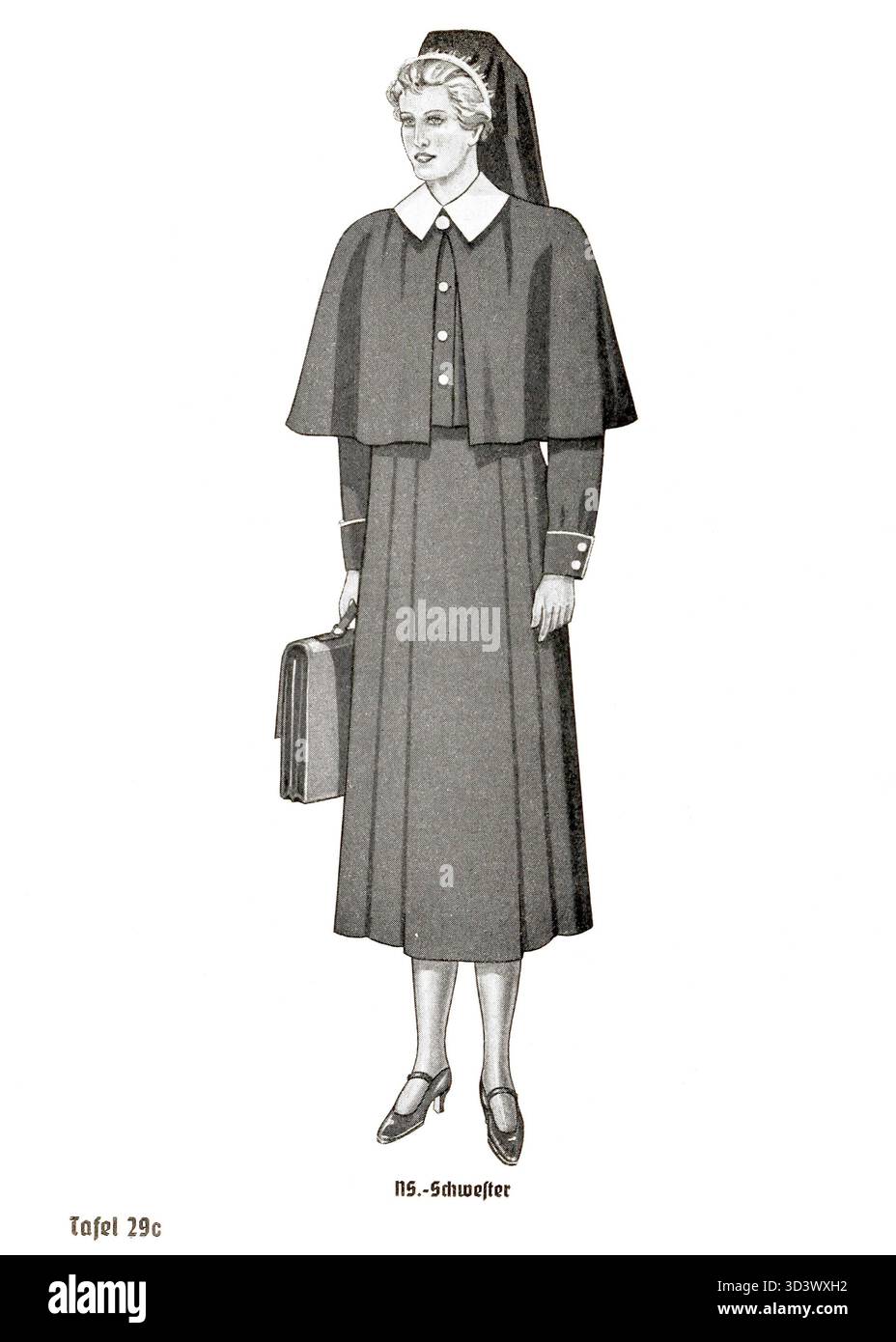 La planche 29c de l’Organisationsbuch der NSDAP de 1943 représente l’uniforme d’une sœur NS, qui fait partie de l’organisation infirmière nationale socialiste de bien-être populaire. Banque D'Images