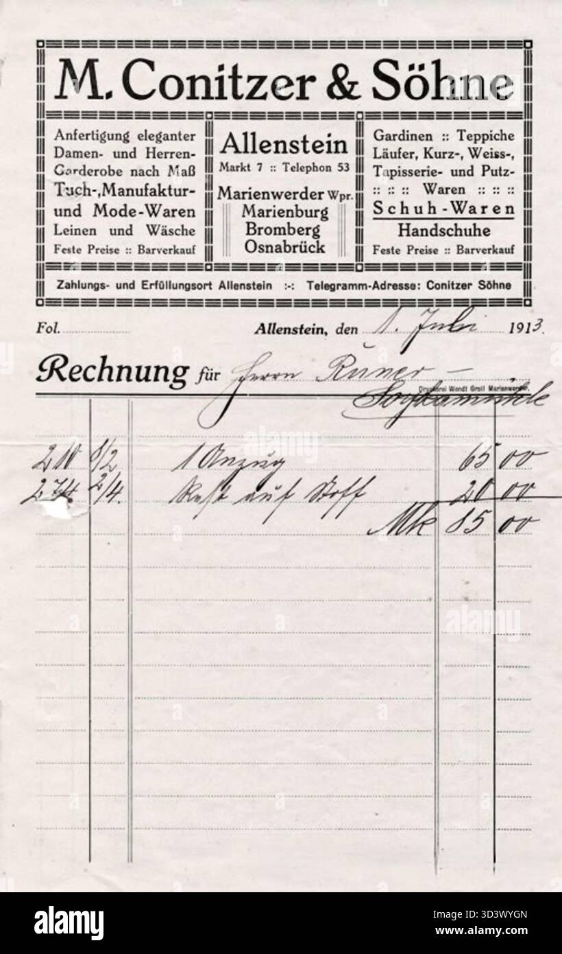 Facture de M. Conitzer & Söhne, une société établie à Allenstein, province de Prusse occidentale, datée du 1er juillet 1913. Banque D'Images