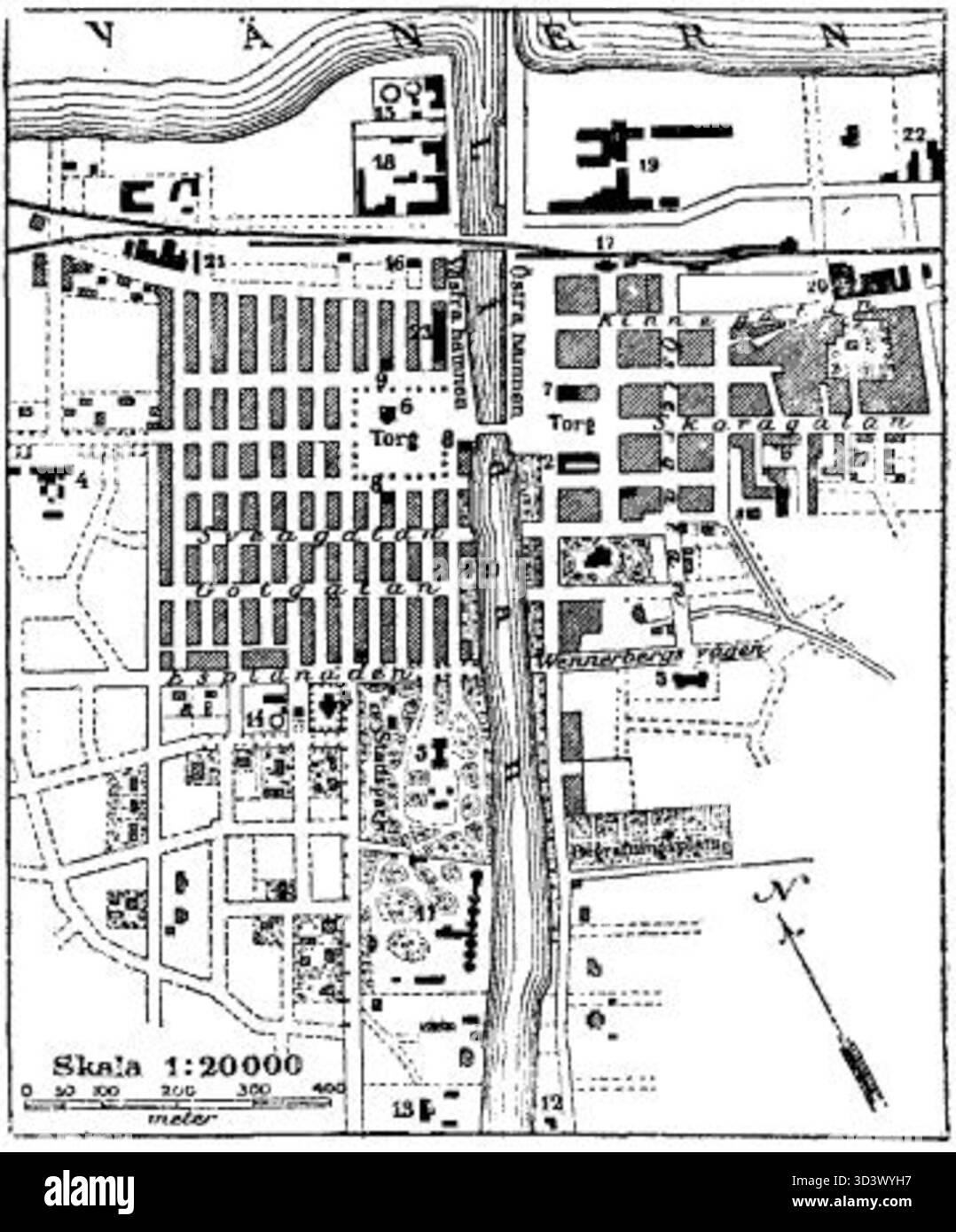Carte de Lidköping, Suède, tirée de l'édition 1912 de la famille Nordisk, montrant les principaux bâtiments et monuments de la ville. Banque D'Images