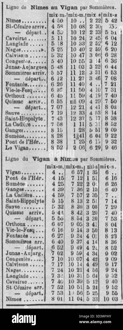 Un horaire hivernal de 1882-1883 pour la ligne Nîmes-le Vigan en France, fournissant des détails sur les services ferroviaires pendant la saison hivernale. Banque D'Images