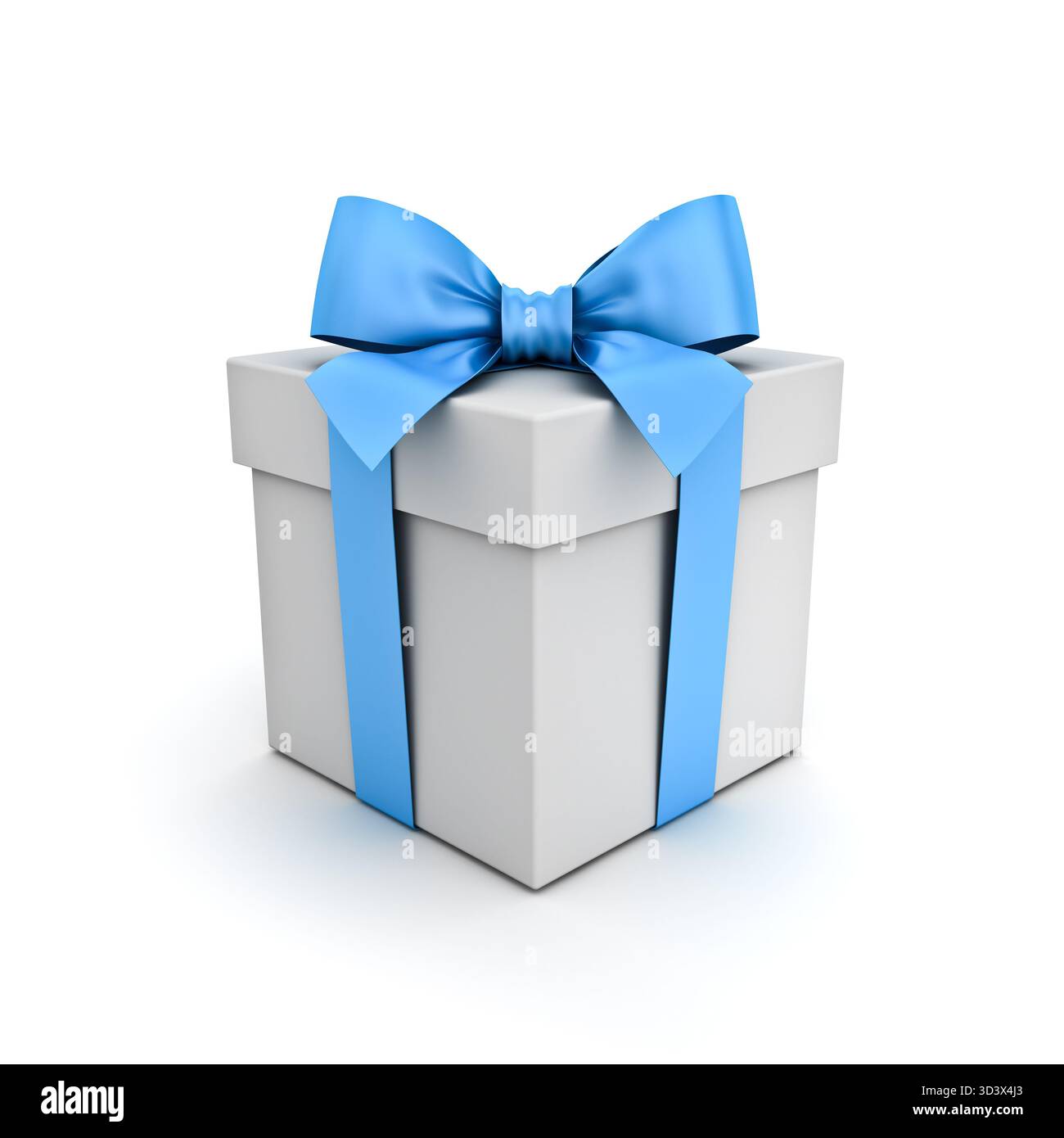 Boîte cadeau blanche ou boîte cadeau avec ruban bleu et arc isolé sur fond blanc avec rendu 3D concept minimal d'ombre Banque D'Images