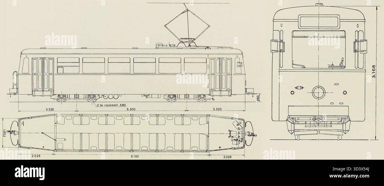 Plan technique du wagon SNCV de type BLC, publié dans J. Renglet, janvier 1951, montrant la conception du véhicule interurbain léger à ossature métallique. Banque D'Images