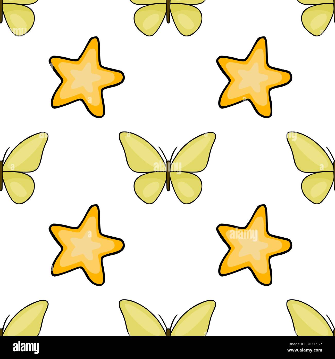 Motif vectoriel sans couture de papillons jaunes joyeux et d'étoiles orange vives sur un fond blanc, parfait pour les conceptions fantaisistes. Illustration de Vecteur
