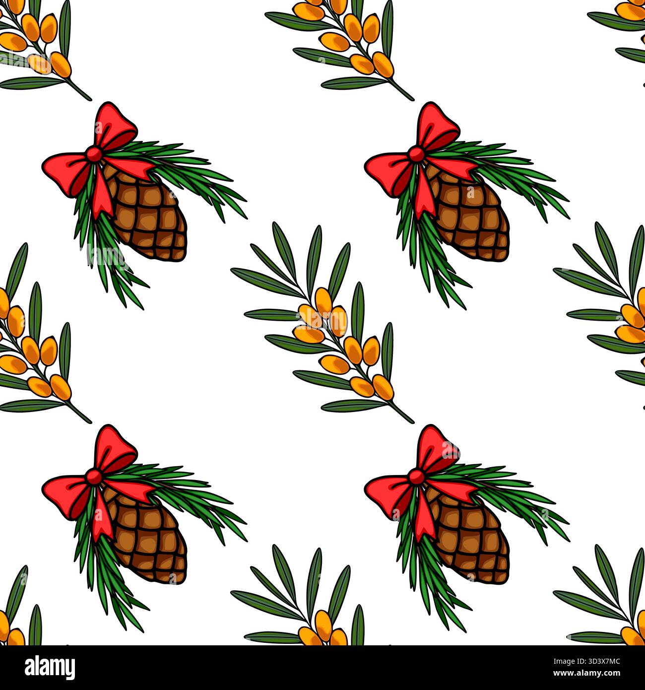 Modèle vectoriel sans couture avec des pommes de pin ornées d'arcs rouges et de branches d'argousier avec des baies dorées. Illustration de Vecteur