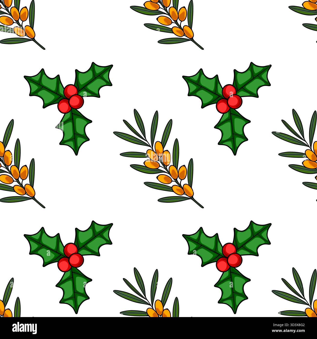 Modèle vectoriel sans couture avec des branches de houx dessinées à la main avec des baies rouges et des brins d'argousier avec des baies orange sur un fond blanc. Illustration de Vecteur