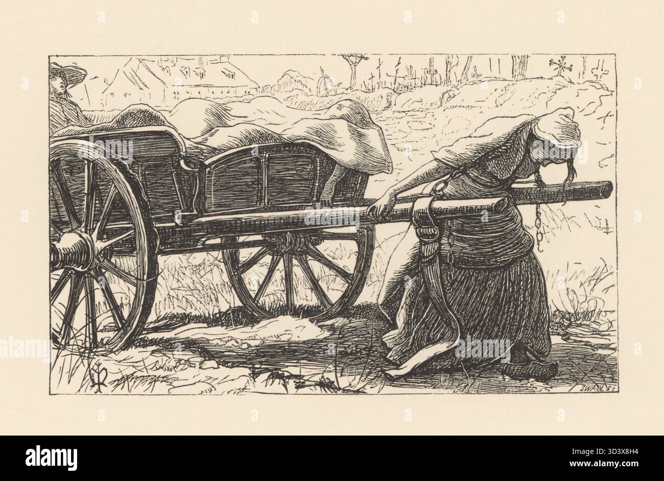 Une paysanne en sabots traîne un chariot chargé de cadavres. La peste d'Elliant, ballade sur une peste médiévale dans le quartier d'Elliant en Bretagne tirée du magazine Once a week. Gravure sur bois de Joseph Swain d'après une illustration de l'artiste préraphaélite John Everett Millais tirée des illustrations de Millais, Collection de dessins sur bois, Alexander Strahan, Londres, 1866. Banque D'Images