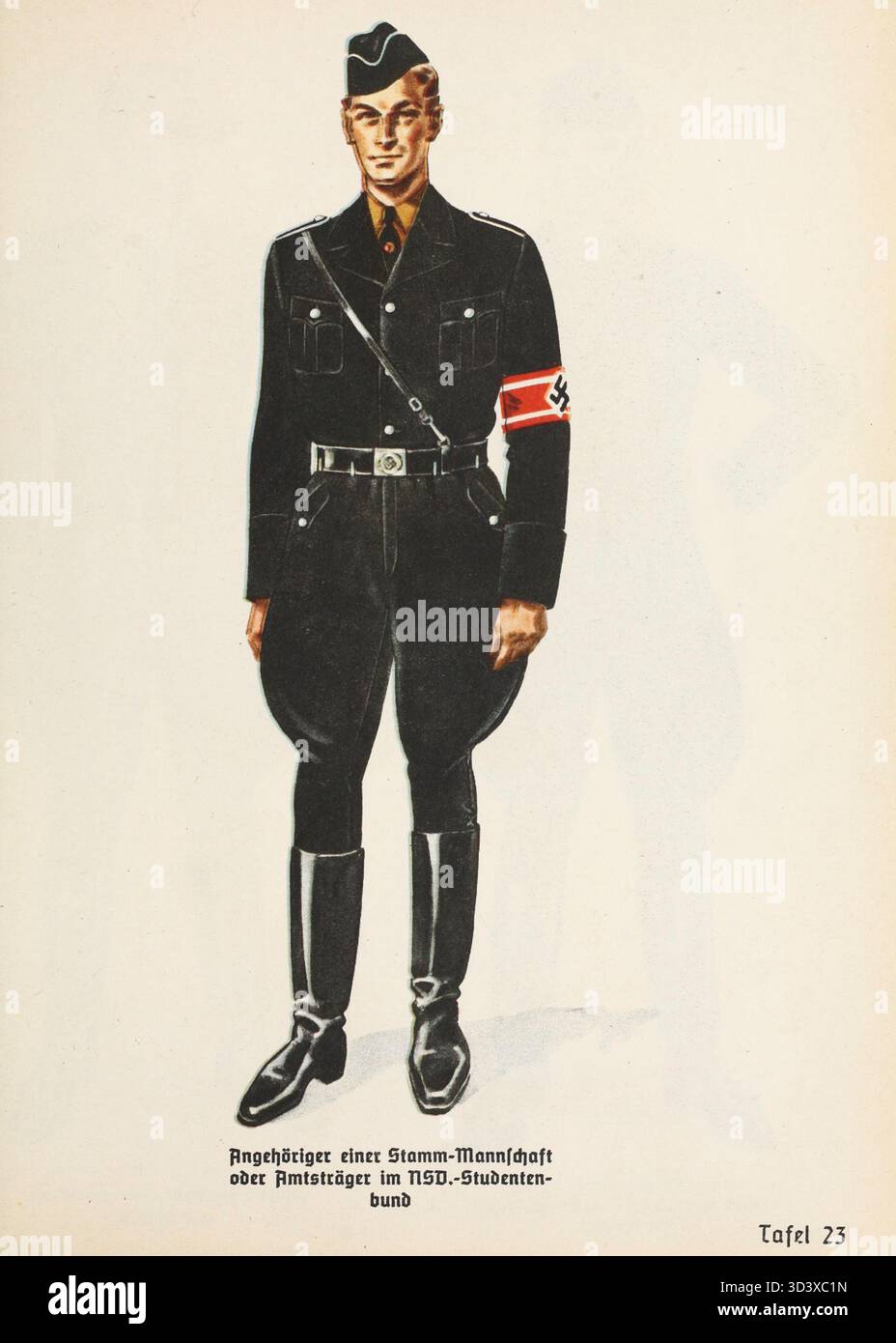 Cette image du livre d'organisation du NSDAP de 1936 montre un membre de l'Union des étudiants nazis, connu sous le nom de NSDStB. Le membre est représenté en uniforme, reflétant la structure hiérarchique du parti nazi et son accent sur l'endoctrinement idéologique dans le cadre de l'éducation. Banque D'Images