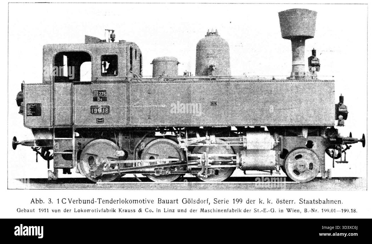 Photographie de 1910 de la locomotive kkStB 199,08, qui fait partie des chemins de fer impériaux autrichiens (kkStB), construite par StEG. La locomotive est l'une des premières locomotives à vapeur utilisées pour les services ferroviaires régionaux et nationaux en Autriche. Banque D'Images