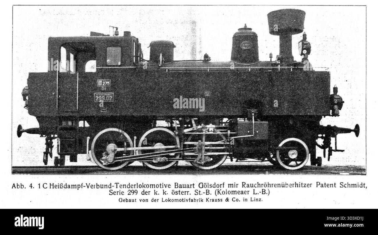 Une photographie de travail de 1912 de la locomotive kkStB 299,02, prise par Krauss de Linz. La photo montre la locomotive construite pour les chemins de fer impériaux autrichiens (kkStB), utilisée dans diverses opérations de transport régional au début du XXe siècle. Banque D'Images