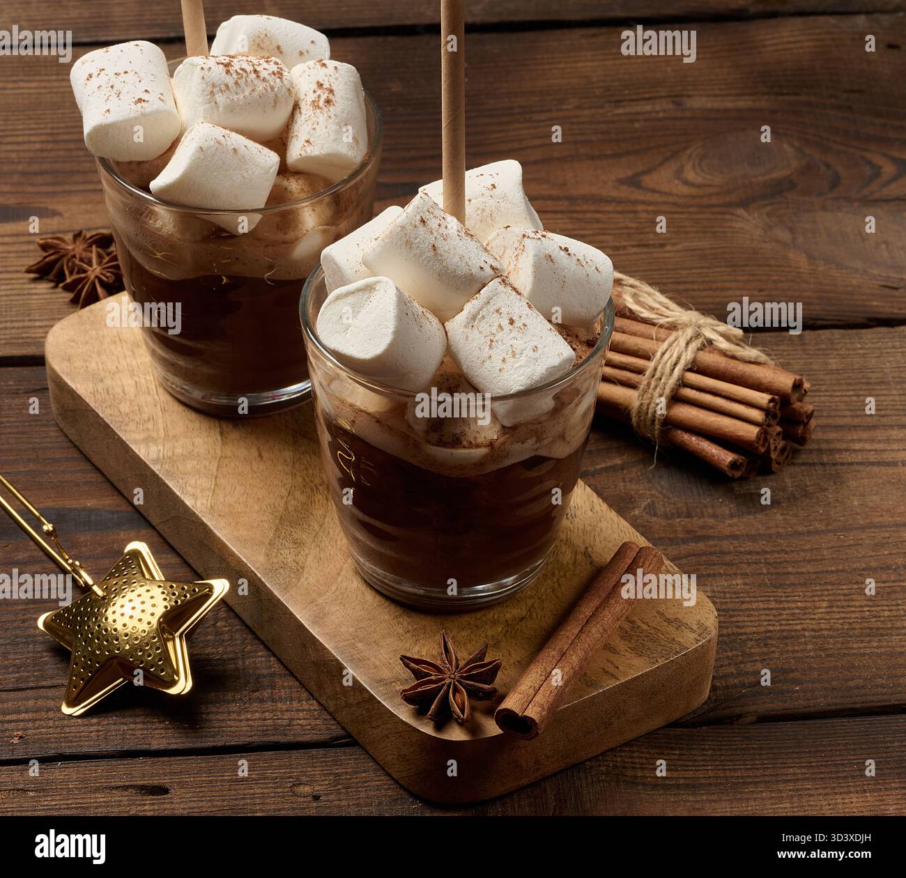 Deux verres de chocolat chaud avec des guimauves moelleuses et une paille sur un plateau en bois. Une boisson d'hiver confortable sur un fond sombre. Banque D'Images