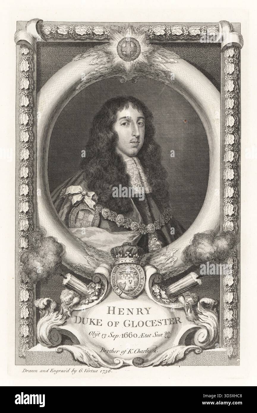 Henry Stuart, Henri d'Oatlands, duc de Gloucester, 1640-1660. Frère du roi Charles II d'Angleterre. Avec cravate de dentelle, robes de l'ordre de la Jarretière avec collier en or et figure de St George et le dragon. Avec couronne, armoiries et explosifs. Gravure sur cuivre dessinée et gravée par George Vertue de ses têtes des rois d'Angleterre, propre à l'histoire de M. Rapin, traduite par N. Tindal, imprimée pour James, John et Paul Knapton, Londres, 1736. Banque D'Images