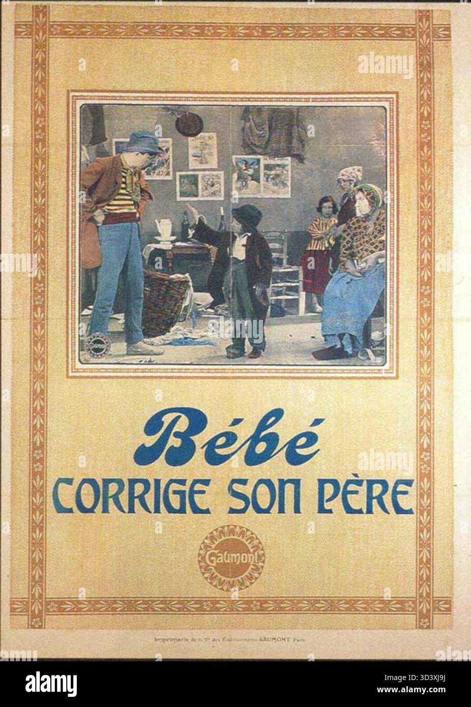 Affiche pour le court-métrage comique de Louis Feuillade de 1911 'bébé corrige son père'. Connu pour son humour de slapstick, ce film est l’une des nombreuses œuvres de Feuillade à l’ère du cinéma muet, mettant en valeur sa contribution au début du genre comique français. Banque D'Images