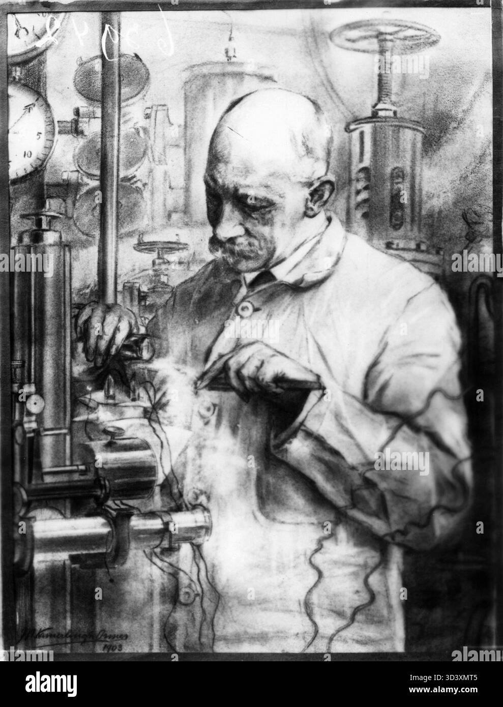 Le professeur Heike Kamerlingh Onnes (1853-1926), physicien et lauréat du prix Nobel, est représenté en 1903 dans un dessin de son frère, contribuant de manière significative au domaine de la physique des basses températures. Banque D'Images