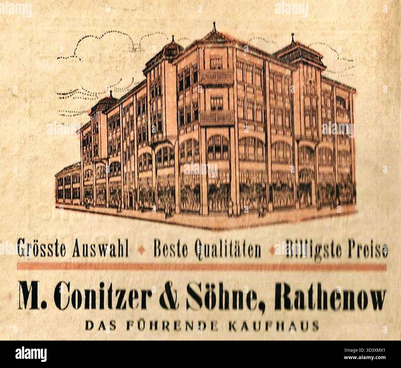 Une publicité de 1927 pour M. Conitzer & Söhne de Rathenow, mettant en valeur la présence et le marketing de la marque en Prusse orientale au début du XXe siècle. Banque D'Images