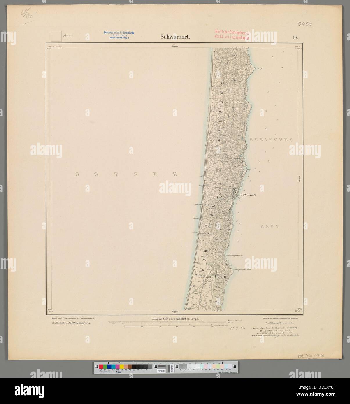 Cette carte Messtischblatt de Schwarzort de 1911, créée par la Königlich Preußische Landesaufnahme, montre la région à une échelle de 1 :25,000. Il a été utilisé à des fins militaires, gouvernementales et arpentage au début du XXe siècle en Prusse. Banque D'Images