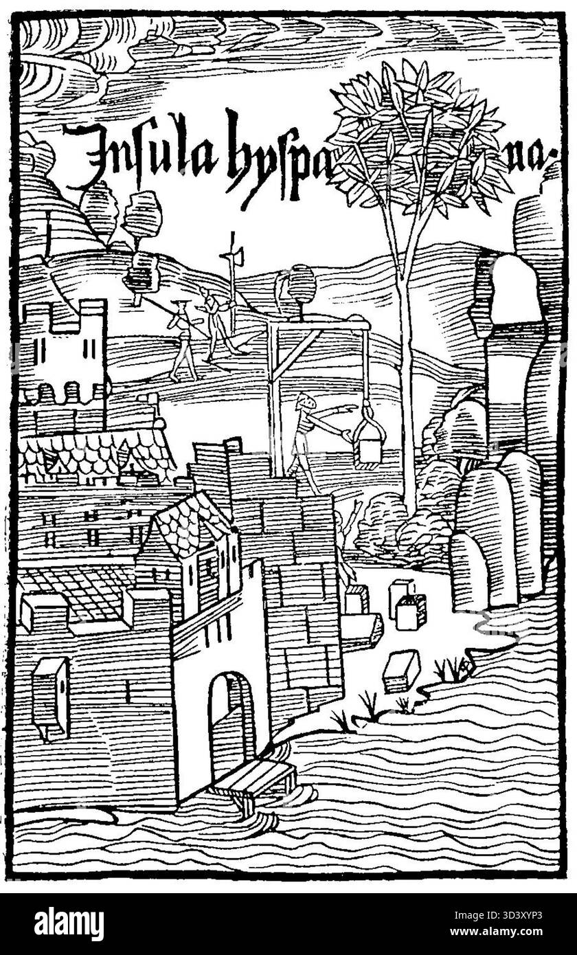 Une page recadrée de la lettre de Christophe Colomb décrivant la découverte de l’Amérique, datant d’avant 1892. Cette lettre est une source historique importante de l'ère de l'exploration. Banque D'Images