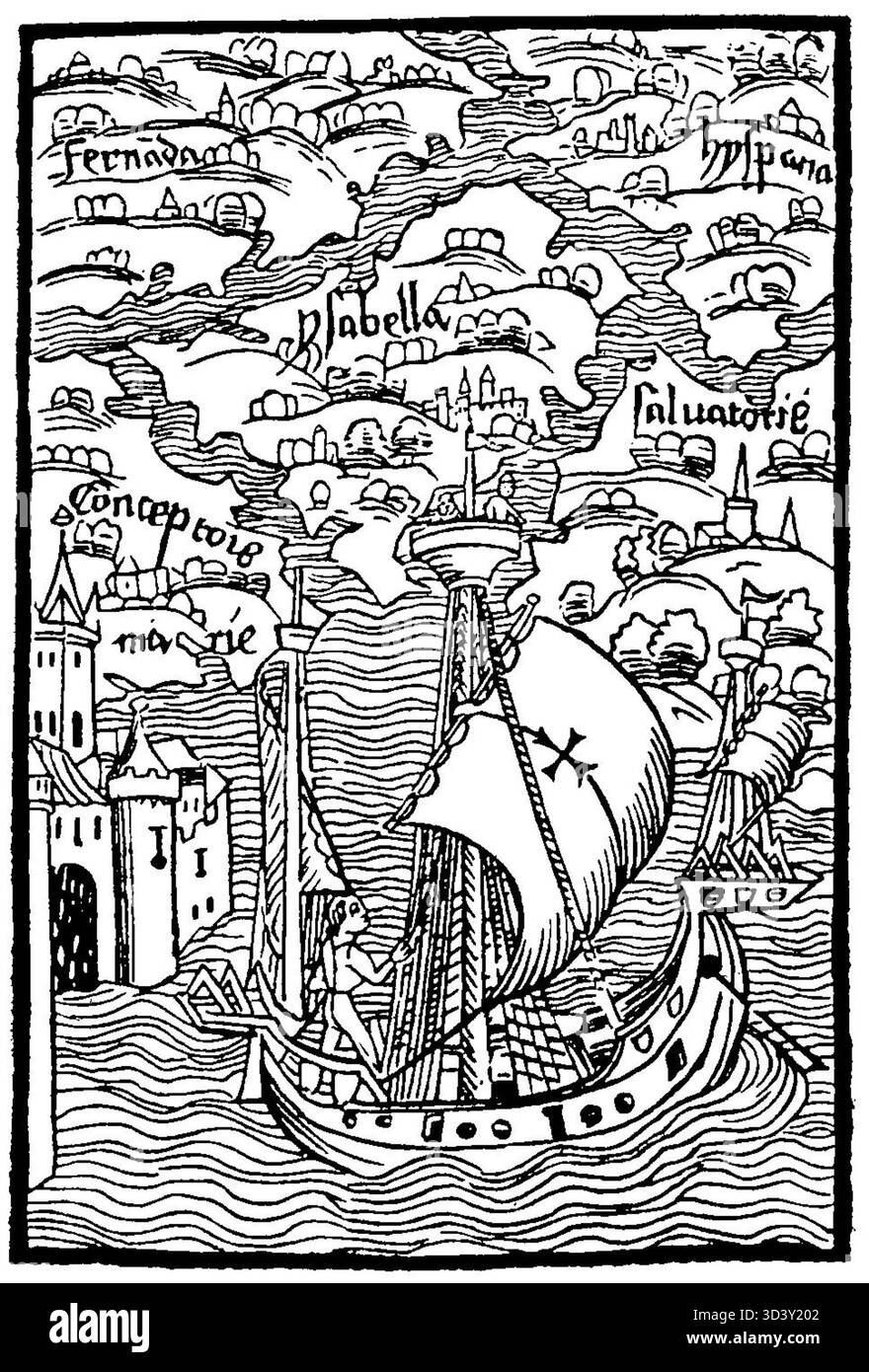 Une page recadrée de la lettre de Christophe Colomb sur la découverte de l'Amérique, imprimée avant 1892. La lettre est un document historique important de l'ère de la découverte. Banque D'Images