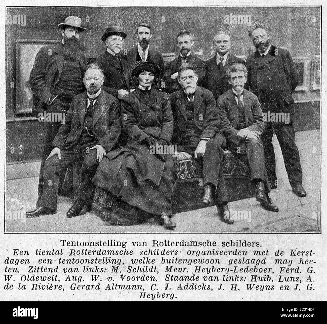 En 1916, un groupe de dix peintres de Rotterdam a organisé une exposition réussie pendant la période de Noël. Parmi les participants notables figuraient M. Schildt, Mevr. Heyberg-Ledeboer, et d'autres, présentant leurs œuvres artistiques. Banque D'Images