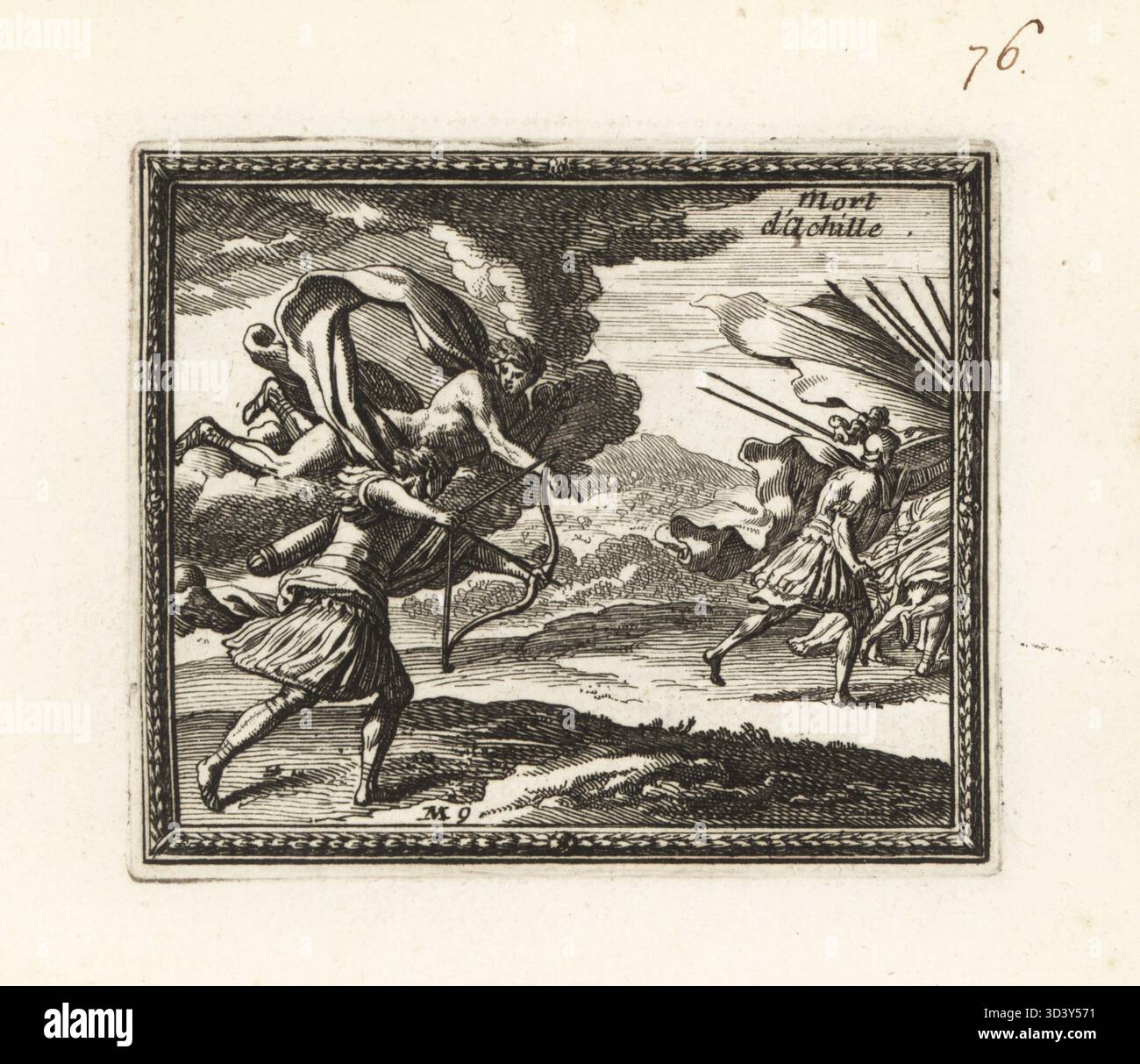 Apollon ordonnant à Paris de viser le talon d'Achille du héros grec alors qu'il court avec une légion de soldats. Pour venger la mort d'Hector, le prince troyen Paris tue Achille pendant la guerre de Troie. Le Dieu de la musique Apollon flotte sur un nuage et pointe vers la seule faiblesse d'Achille. Mort d'Achille. Gravure sur cuivre de Metamorphoses d'Ovide en Rondeaux, Métamorphoses d'Ovide, chez Audran, Paris, 1676. Banque D'Images