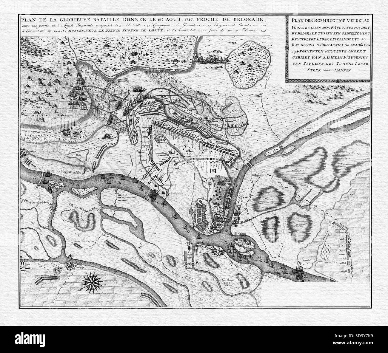 Vue topographique de Belgrade et de ses environs (1717) – carte de la bataille de la prise autrichienne de Belgrade, Guerre ottomano-autrichienne, militaire antique Banque D'Images
