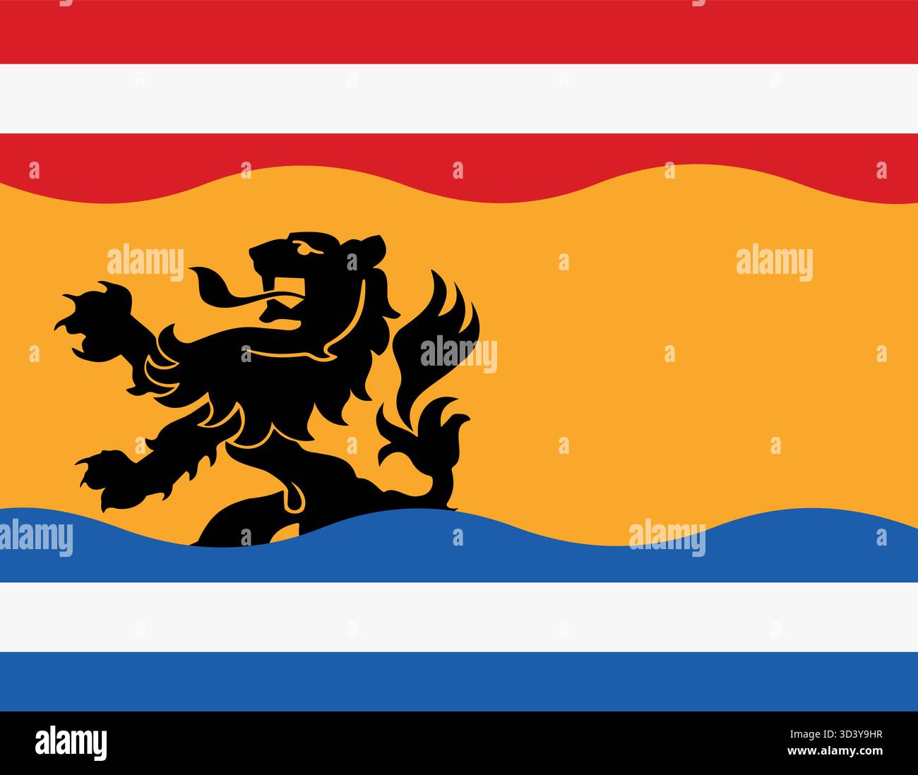 Drapeau de Zeeuws‑Vlaanderen, pays-Bas – Rouge‑Blanc‑Rouge‑jaune‑Bleu‑Blanc‑Bleu bandes horizontales avec Lion noir, bannière régionale représentant Zeeuws Illustration de Vecteur