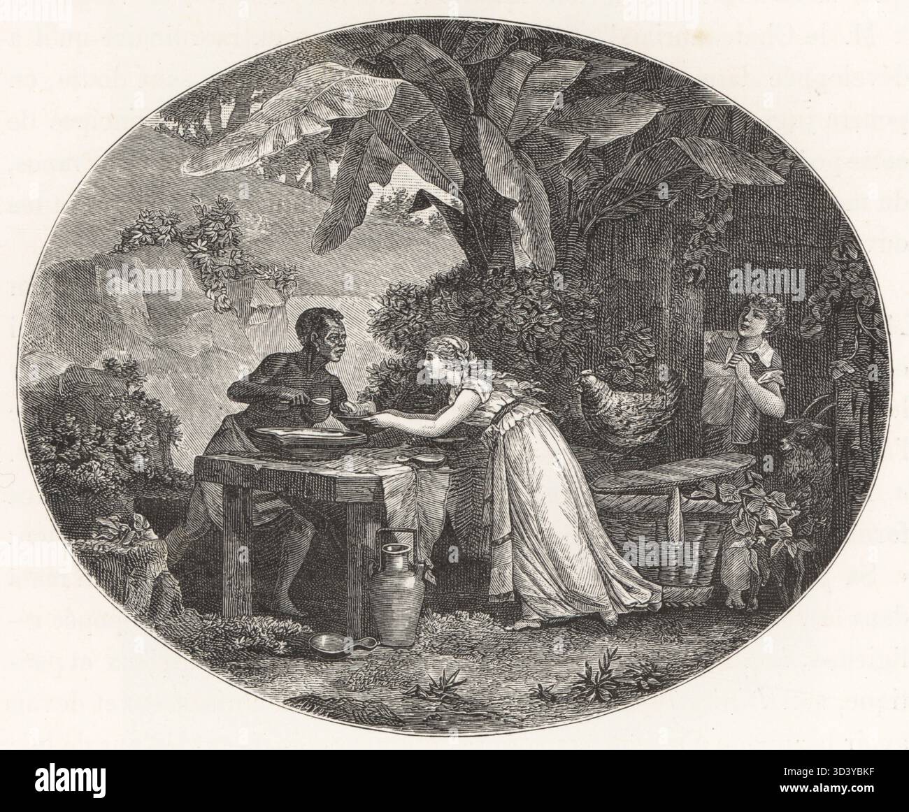 Virginie donnant de la nourriture et des boissons à un Marron, une femme africaine échappée à l'esclavage à Maurice. Scène tirée du roman Paul et Virginie de Jacques-Henri Bernardin de Saint-Pierre. Bienfaisance de Virginie. Gravure sur bois de Huyot d'après une illustration de Philibert-Louis Debucourt tirée du Directoire, Consulat et Empire de Paul Lacroix, Paris, 1884. Banque D'Images
