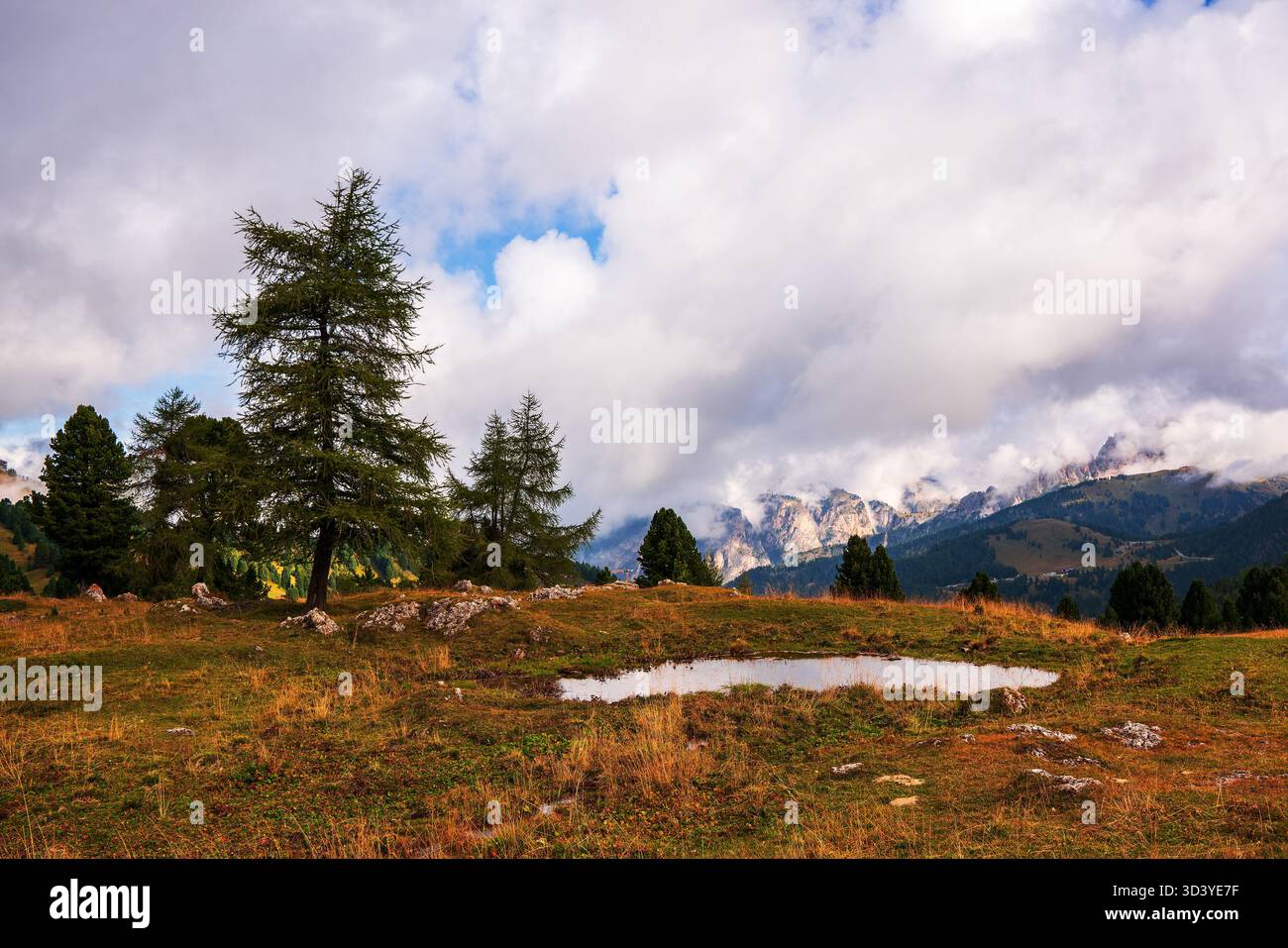 Nuages de cirrus et brouillard matinal dans les Dolomites en Italie. Banque D'Images