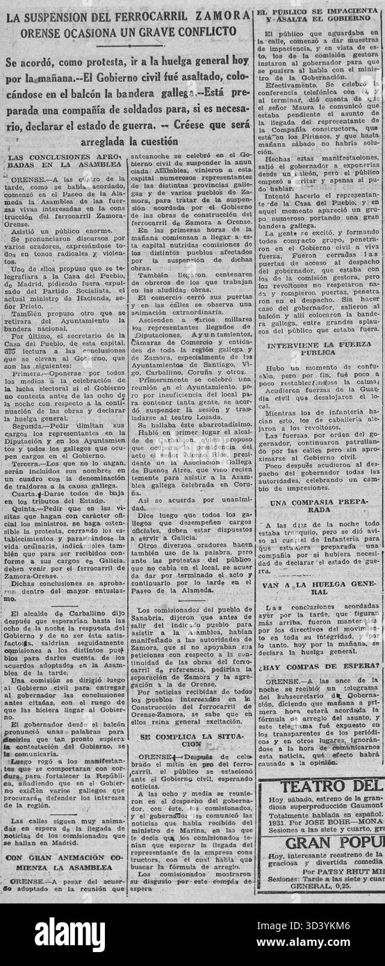 Le journal Región rapporte un conflit important en Galice le 27 juin 1931, déclenché par la suspension du projet de chemin de fer Zamora-Orense, intensifiant les tensions régionales. Banque D'Images