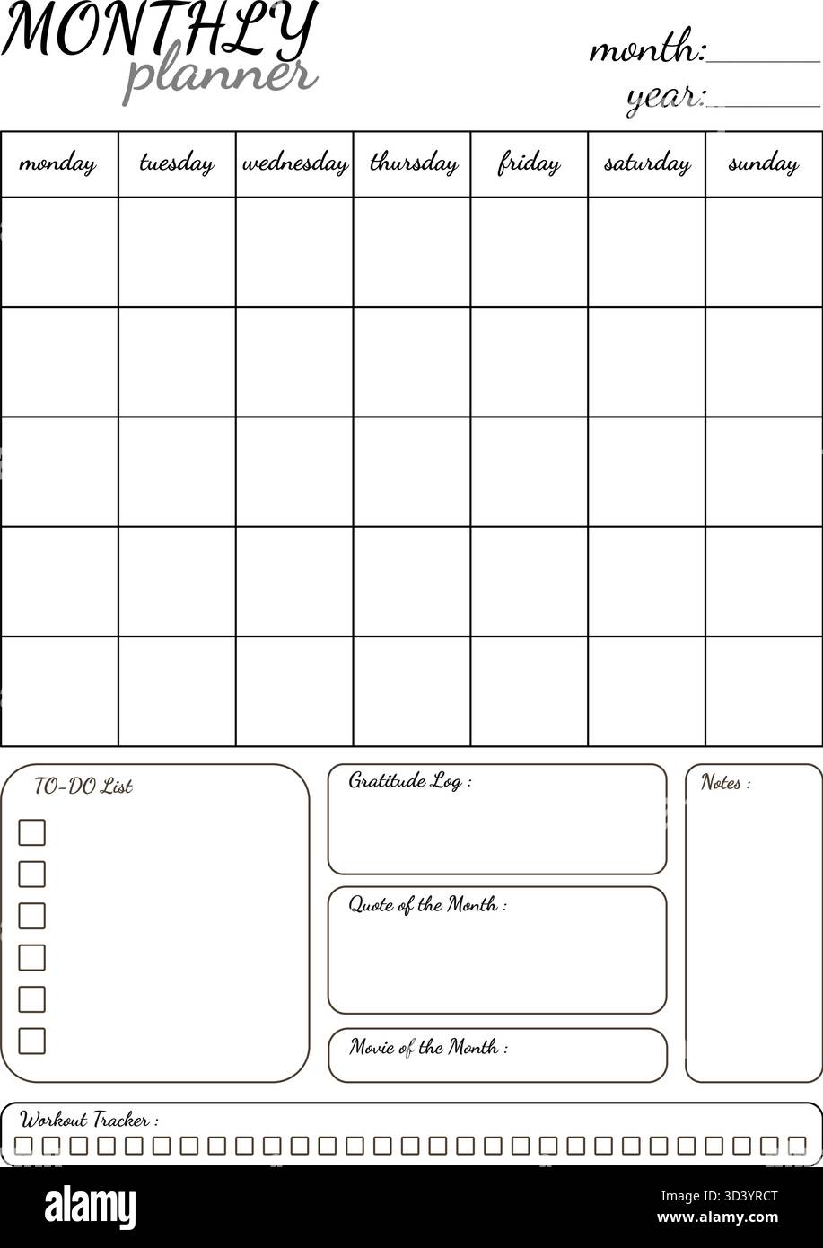 Modèle de planificateur mensuel noir et blanc avec grille de calendrier et diverses sections d'activité. Conception de calendrier imprimable pour la planification et l'organisation Illustration de Vecteur