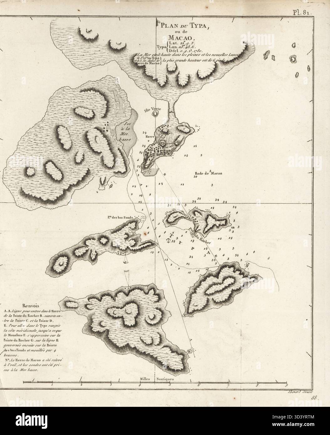 Carte de Macao ou de la péninsule de Macao, Chine. Plan du Typa ou de Macao. Gravure sur cuivre réalisée par Robert Benard d'après une illustration de John Webber tirée de la traduction française du troisième voyage du capitaine James Cook, Troisieme voyage de Capitaine Cook, Hôtel de Thou, Paris, 1785. Banque D'Images