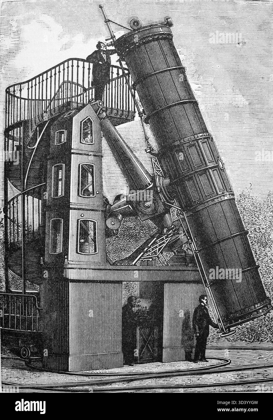 Illustration tirée du *Ottuv slovník naucný*, montrant un télescope équatorial à l'Observatoire de Paris, datée de 1888. Cette image fait partie d'un travail encyclopédique complet de la fin du XIXe siècle. Banque D'Images