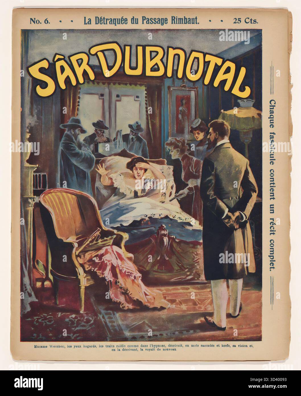Couverture du 6ème numéro de la série Sâr Dubnotal, intitulée 'la détraquée du passage Rimbaut'. Publié par les Éditions Eichler en 1909. La couverture est un dessin anonyme associé à l'œuvre littéraire française dans le genre horreur. Banque D'Images