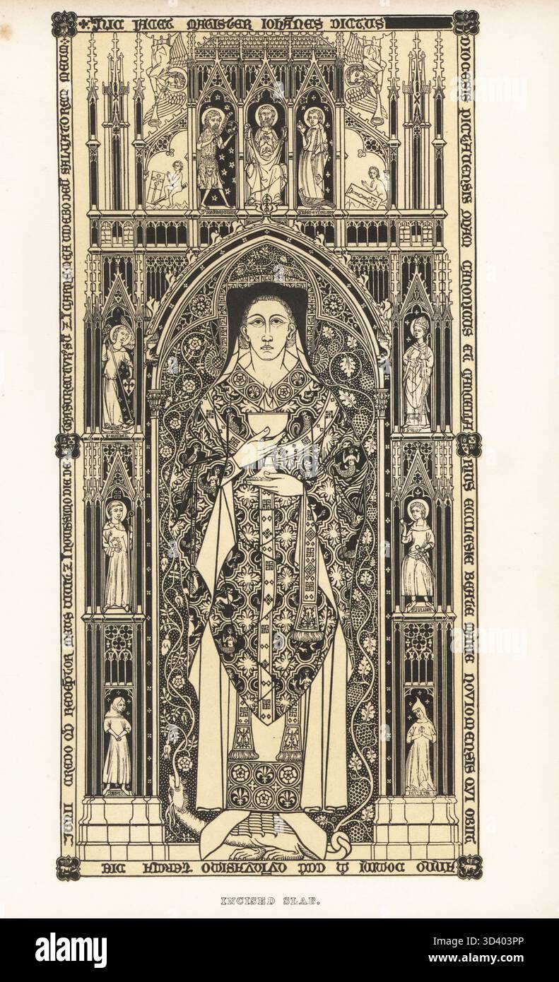 Pierre tombale de Johanes, chanoine de Poitiers, chancelier de Noyon, décédé en juin 1353. En alb de fleurs-de-lys et de roses, décoré maniple et étole, amyse doublée de fourrure, tenant calice et paten. Avec des figures de, Julien avec Oliphant, St Eloy avec marteau, St Michael, et deux parents Jaquet et Isabeau en coiffure cornée ou escoffion. Dalle incisée de l'abbaye de Sainte-Geneviève, aujourd'hui conservée au Palais des Beaux-Arts de Paris. Gravure sur bois de Henry Shaw tirée de ses propres robes et décorations du moyen âge du VIIe au XVIIe siècle, William Pickering, Londres, 1843. Banque D'Images