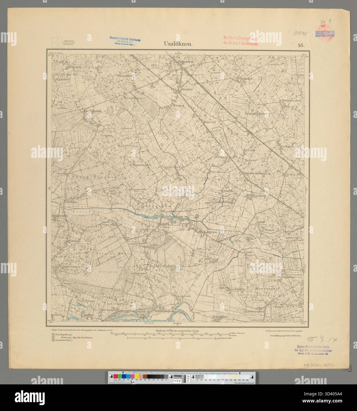 Cette carte de 1914 de la Königlich Preußische Landesaufnahme (Royal Prussian Survey) représente Uszloknen à une échelle de 1 :25,000. Il fait partie d'un vaste projet de cartographie topographique mené par la Prusse. Banque D'Images