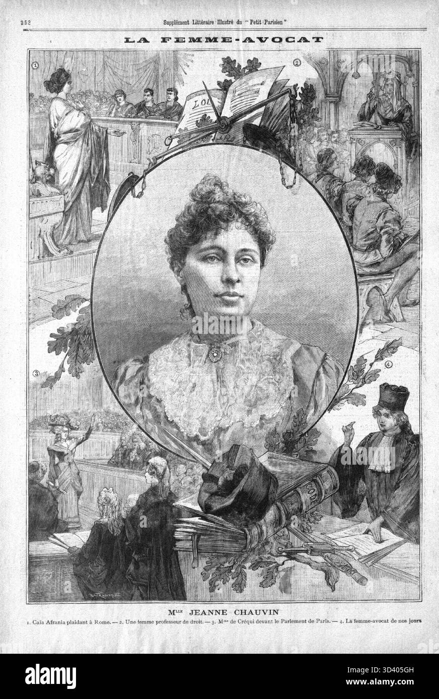 Un article intitulé « la femme-avocat » du 3 janvier 1897 dans le petit Parisien. Il met en vedette Mlle Jeanne Chauvin, une des premières femmes diplômées en droit en France. Banque D'Images