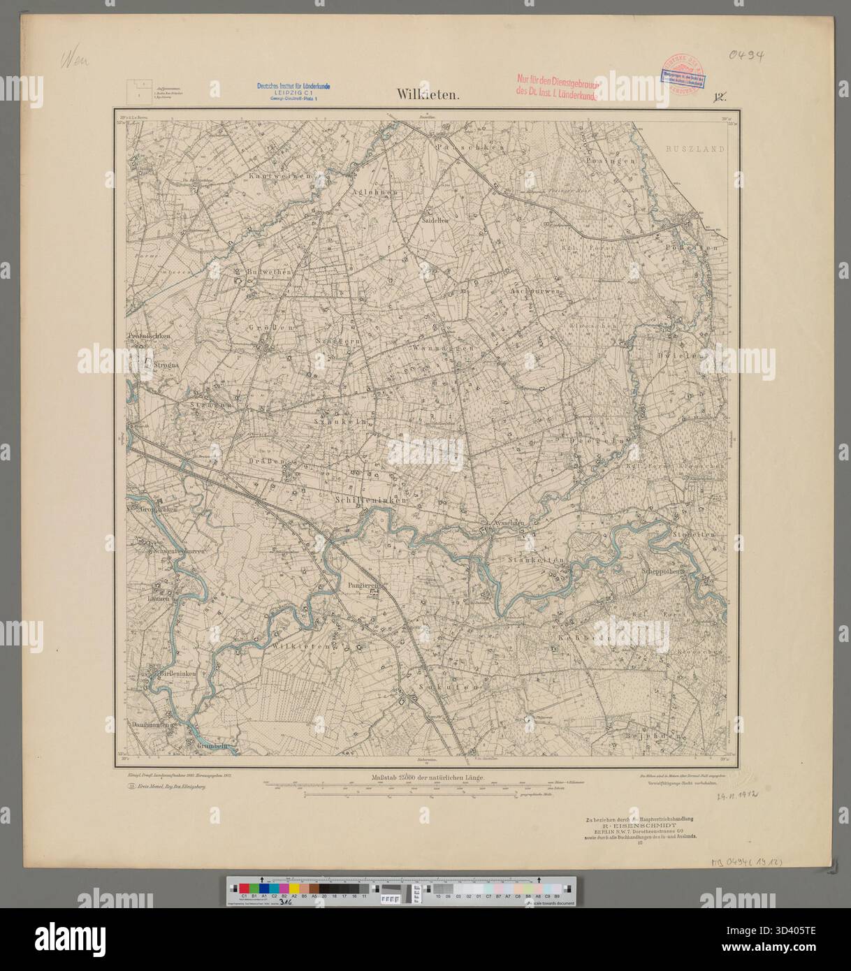 Cette carte Messtischblatt de Wilkieten de 1912, produite par la Königlich Preußische Landesaufnahme, fournit des informations topographiques détaillées à l'échelle 1 :25 000. Il était principalement utilisé pour des fonctions militaires et administratives au début du XXe siècle en Prusse. Banque D'Images