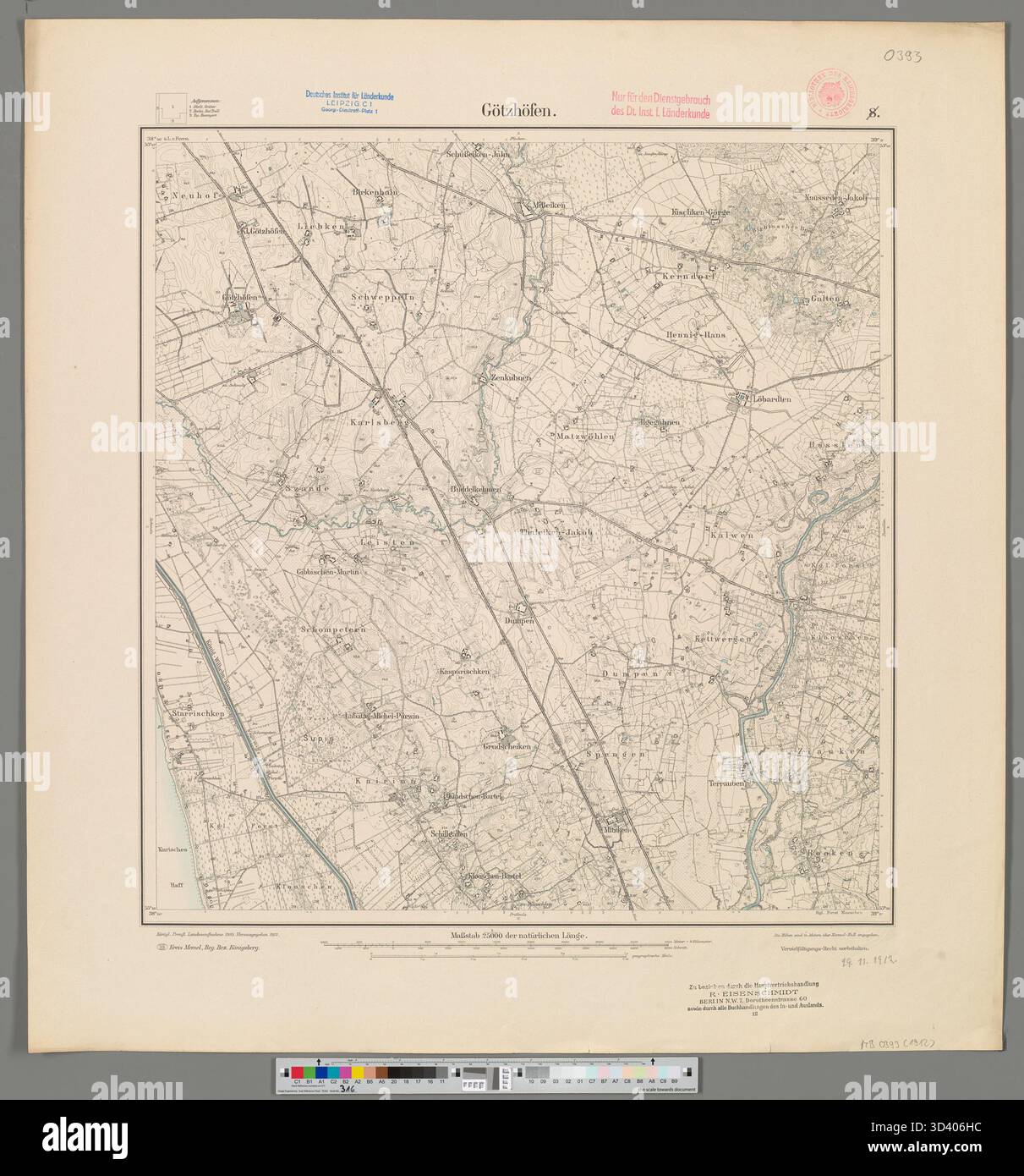 La carte Messtischblatt de Gotzhofen de 1912, produite par la Königlich Preußische Landesaufnahme, fournit des informations topographiques détaillées à l'échelle 1 :25 25 000. Cette carte a été utilisée à des fins militaires et administratives au début du XXe siècle en Prusse. Banque D'Images