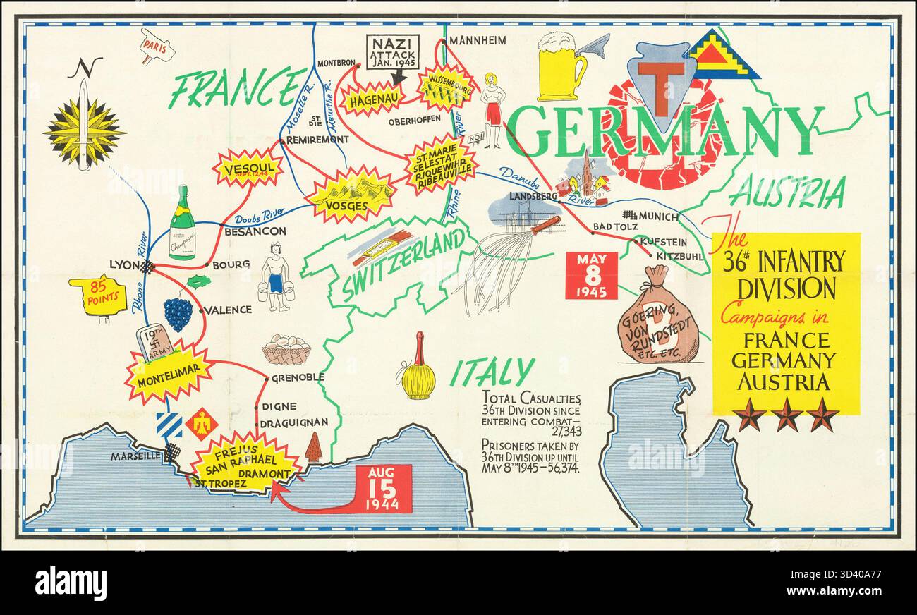 Cette carte triomphale représente les campagnes de la 36e division d'infanterie en France, en Allemagne et en Autriche en 1945, montrant les mouvements militaires et les emplacements des batailles clés pendant la première Guerre mondiale Banque D'Images