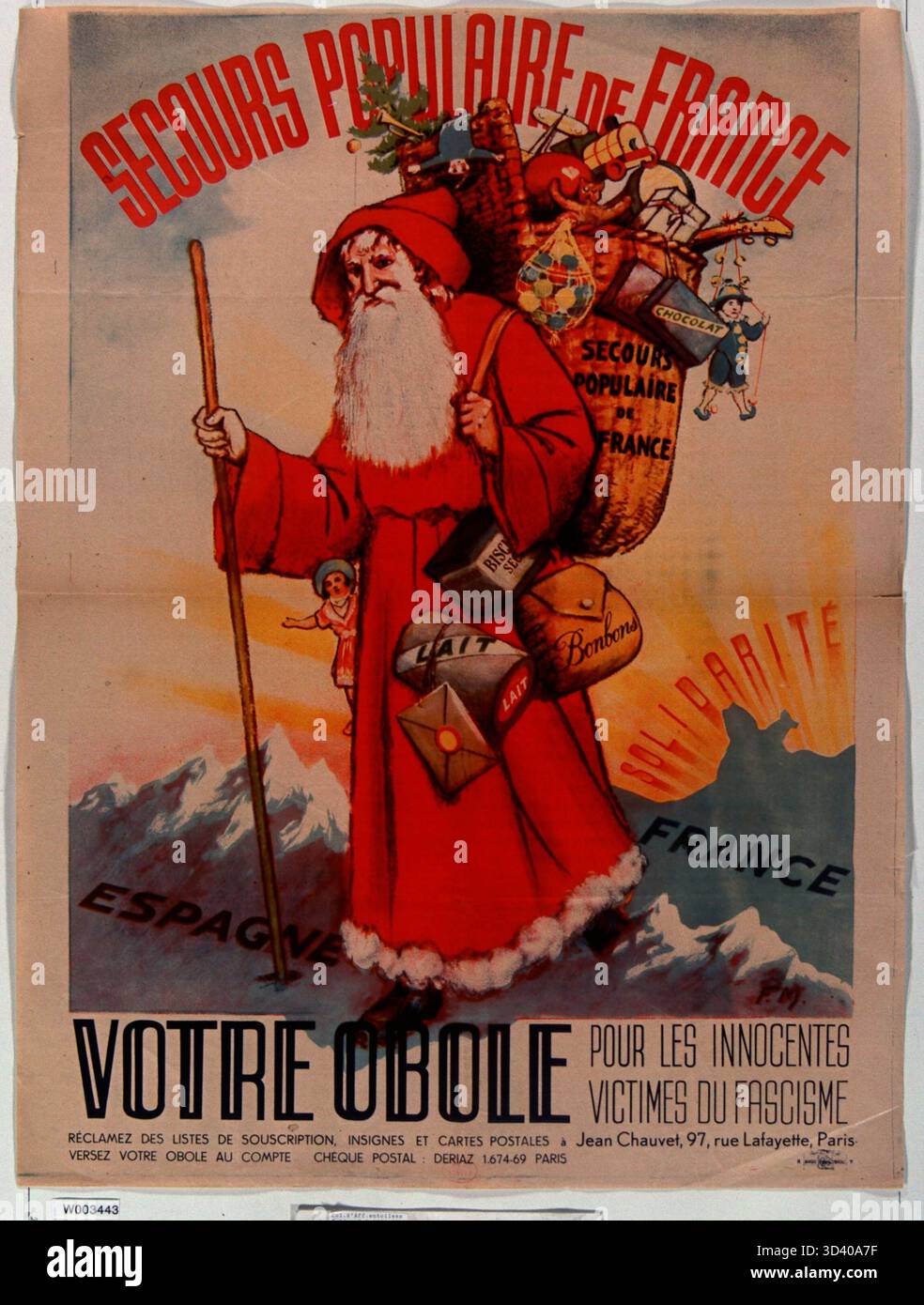 Cette affiche française de 1936 du *secours populaire de France* appelle à des dons pour soutenir les victimes innocentes du fascisme en Espagne, en particulier pendant la guerre civile espagnole, soulignant la solidarité entre la France et l’Espagne. Banque D'Images